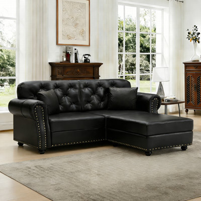 Mid-Century Modern 63" Upholstered Sofa With Nailhead Trim And 2 Ottomans, Faux Leather, Chesterfield Sofa With Button Tufted