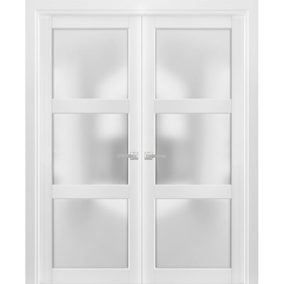 French Double Panel Lite Doors with Hardware Lucia 2552 White Silk with Opaque Glass Panel Frame Trims Bathroom Bedroom Interior Sturdy Door 36" x 96" (2* 18x96) Frosted Glass