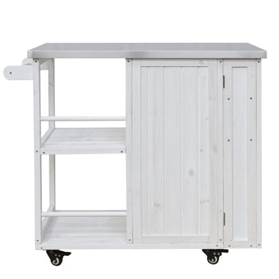 Outdoor Kitchen Island Fir Wood Prep Station Lockable Kitchen Cart with Stainless Top, Ample Storage Space, Towel and Spice Racks for Patio and Outdoor