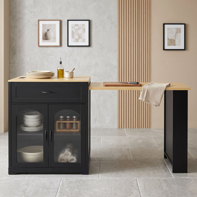 Extendable Counter Table with Wheels, Power Outlet, Adjustable Shelves and Drawers