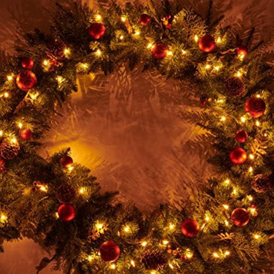 Guirlande de Noël rouge et or de 2,74 m (9 pi) préilluminée avec 70 lumières, à brancher, décoration pour foyer, escalier, porte, intérieur et extérieur