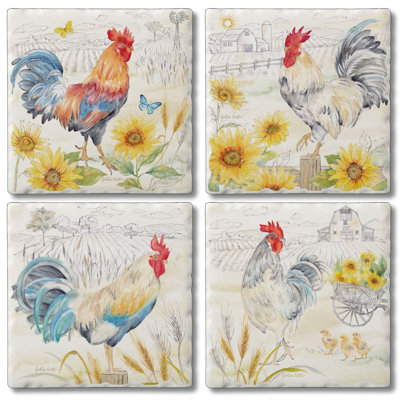Good Morning Sunshine Roosters 4 Pack Assorted Tumbled Tile Stone Coasters