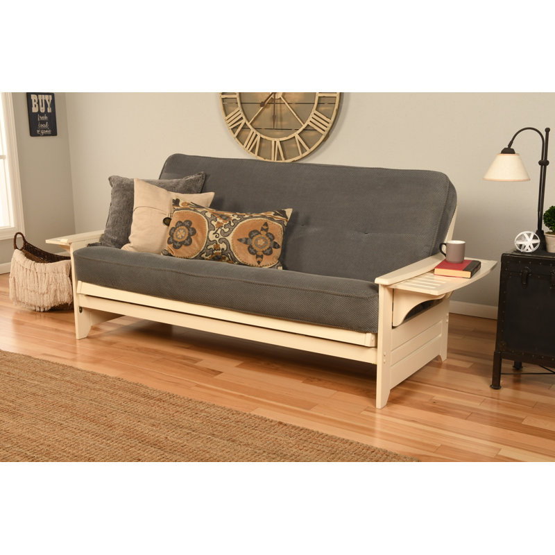 Johnte 82'' Wide Full Futon And Mattress, Antique White, Marmont Thunder Microsuede, Premium Pocket Coil