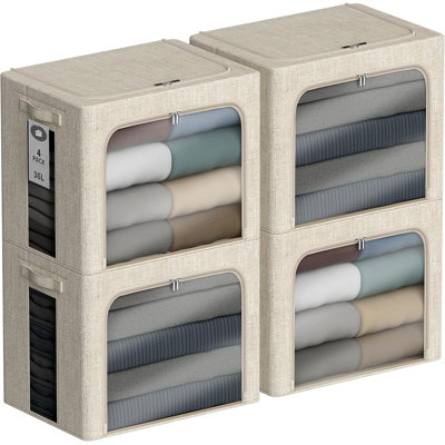 4 Pack Stackable Clothes Storage Bins With Metal Frame And Lids - Foldable Fabric Storage Containers With Clear Windows, Zippers & Handles For Home Or
