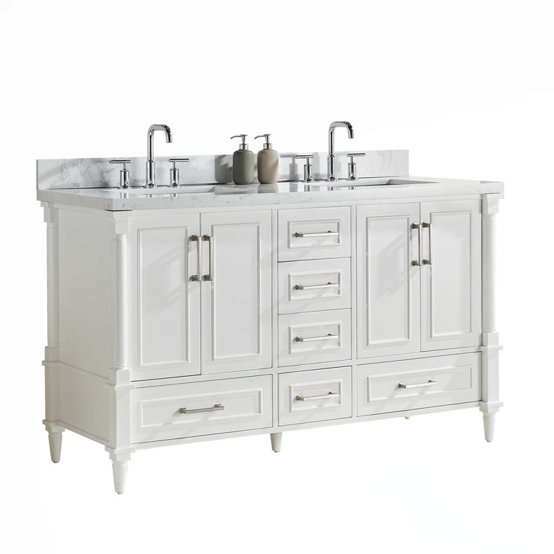 Meuble-lavabo double autoportant de 60 po avec poignées noires supplémentaires