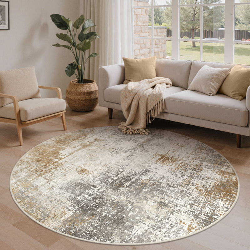 Washable Area Rug, Gold/Grey/Ivory, Round 160 cm