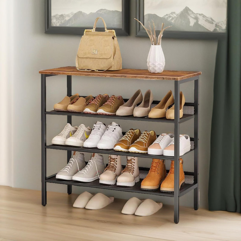 15 Pair Shoe Rack 4 Tier Industrial Rustic Brown Shoe Storage Entryway Hallway Furniture