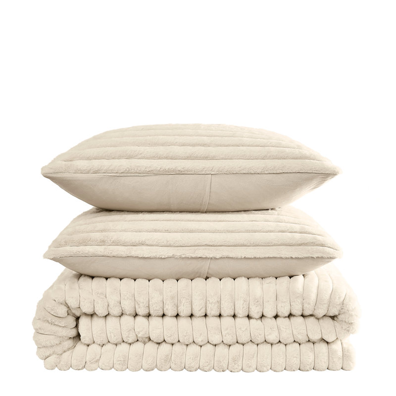 Frye Channel Stitch Velvet Comforter Set, Queen Comforter + 2 Queen Shams, Ivory