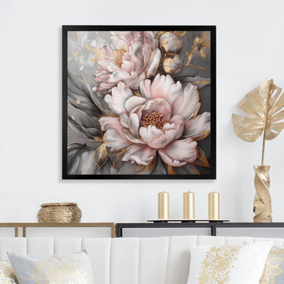 Rose et gris pivoines élégantes I - pivoines, art mural encadré