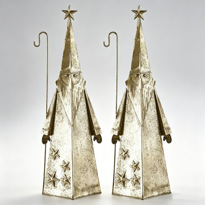Set of 2 Antique Gold Iron Santa Figurines with Star Accents and Staff, Christmas Indoor Mantel and Entryway Decor, 5.9 by 3 by 16.3 Inches