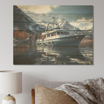 Red And White Fishing Boat In River I - Boat Fishing On Wood Print