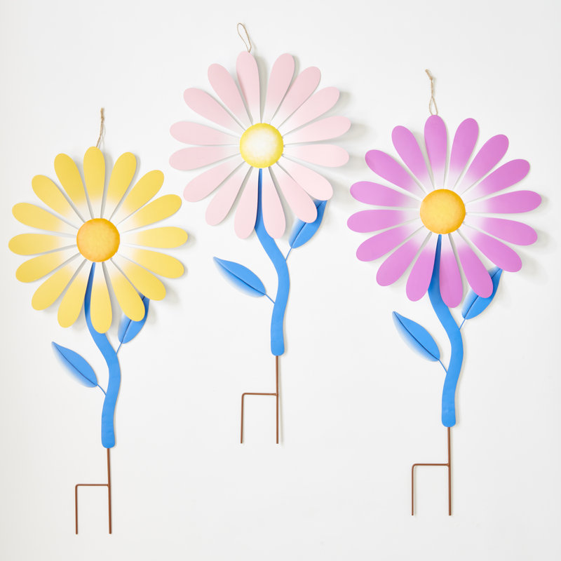 Ensemble de 3 piquets de jardin en forme de marguerite en métal 31 po, 3 pièces