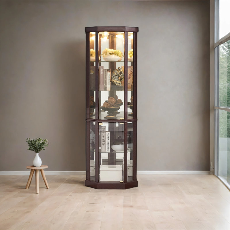 Corner Lighted Curio Cabinet Corner Glass Cabinet Lighted Curio Cabinet Corner Display Case for Living Room, Curio Cabinet, Antique collection, Wine,Bar Glass Storage Light Included,Light oak