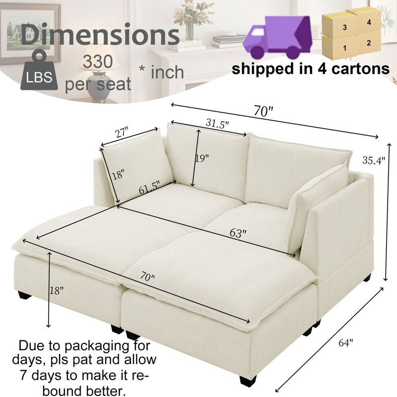 Canapé modulaire en chenille LAF RAF de 70 po de largeur Azzaria, Beige