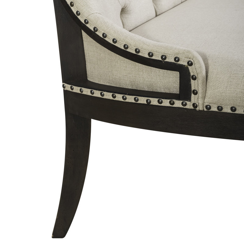Beige and Black Upholstered Tufted Dining Bench with Nail Head Trim