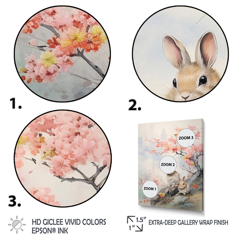 «Ulda Asian Art Rabbit Family», reproduction d'art sur toile, H 20 po x l 12 po x P 1 po, Cadre photo noir