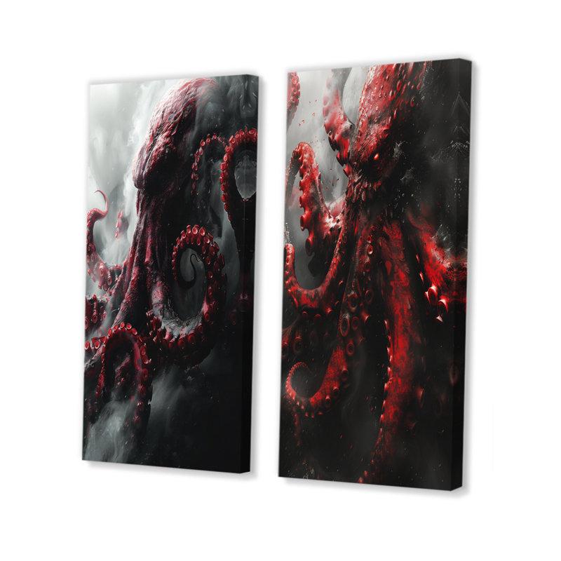Ensemble de 2 pièces d'art mural rouge et gris Kraken Mythical Creature I - Mythical Creatures, H 40 po x l 40 po