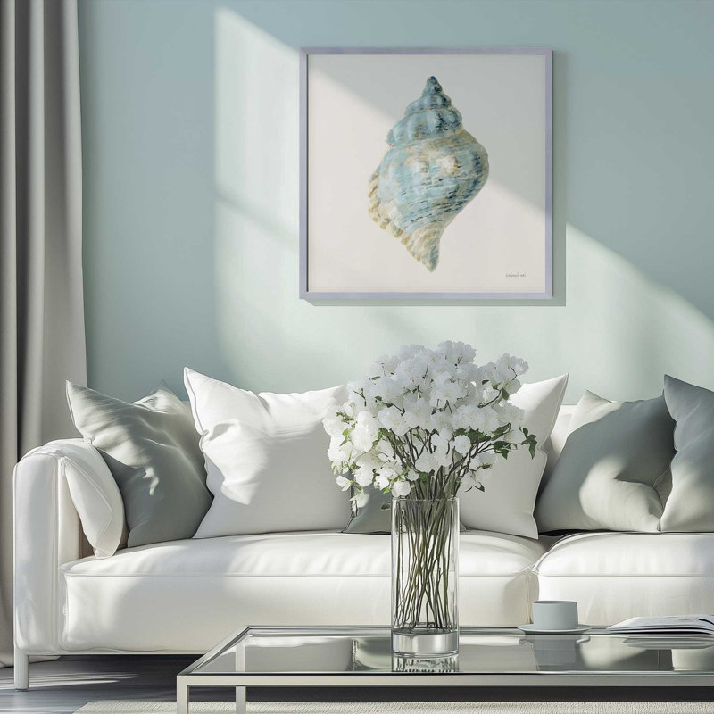 Blue Conch Shell Art Print, 13.75" H x 13.75" W, Weathered Zinc Open Corner Frame