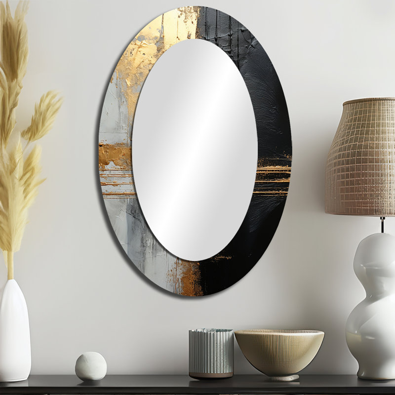 Black And Gold Abstract Meditation IV - Abstract Oval Decorative Mirror On Metal, 36" x 24"