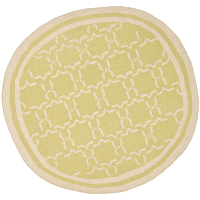 Rodgers Hand Woven Flat Weave Wool/Cotton Geometric Rug in Ivory/Light Green, Round 6'