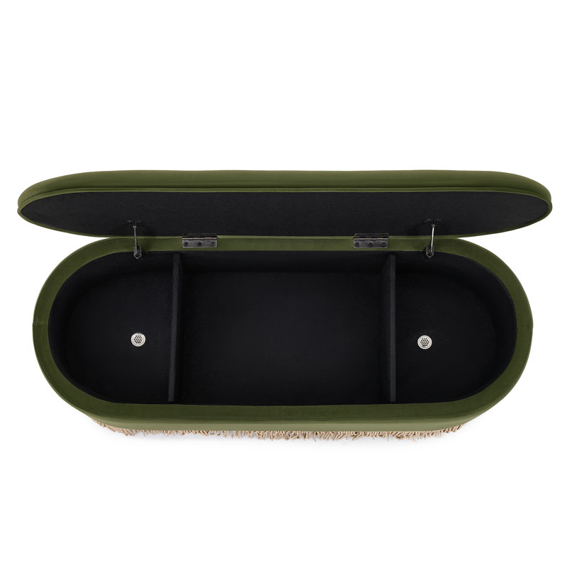Banc de rangement ovale capitonné avec siège rabattable et bordure à franges, Velours vert olive