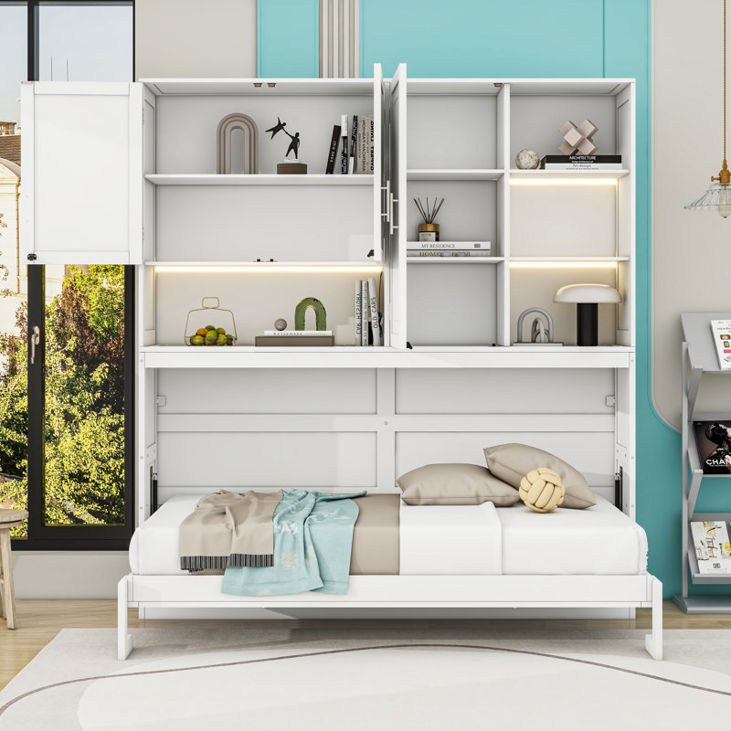 Lit escamotable simple avec tablettes et lumière, Blanc