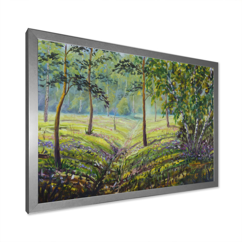 Pins et buissons verts dans la forêt - reproduction sur toile, Cadre photo argenté, H 34 po x l 44 po