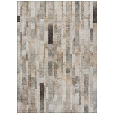 10' X 14' Taupe Striped Washable Indoor Outdoor Area Rug