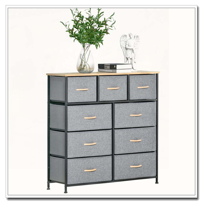 Unité de rangement de commode à 9 tiroirs avec structure en acier et plateau en bois