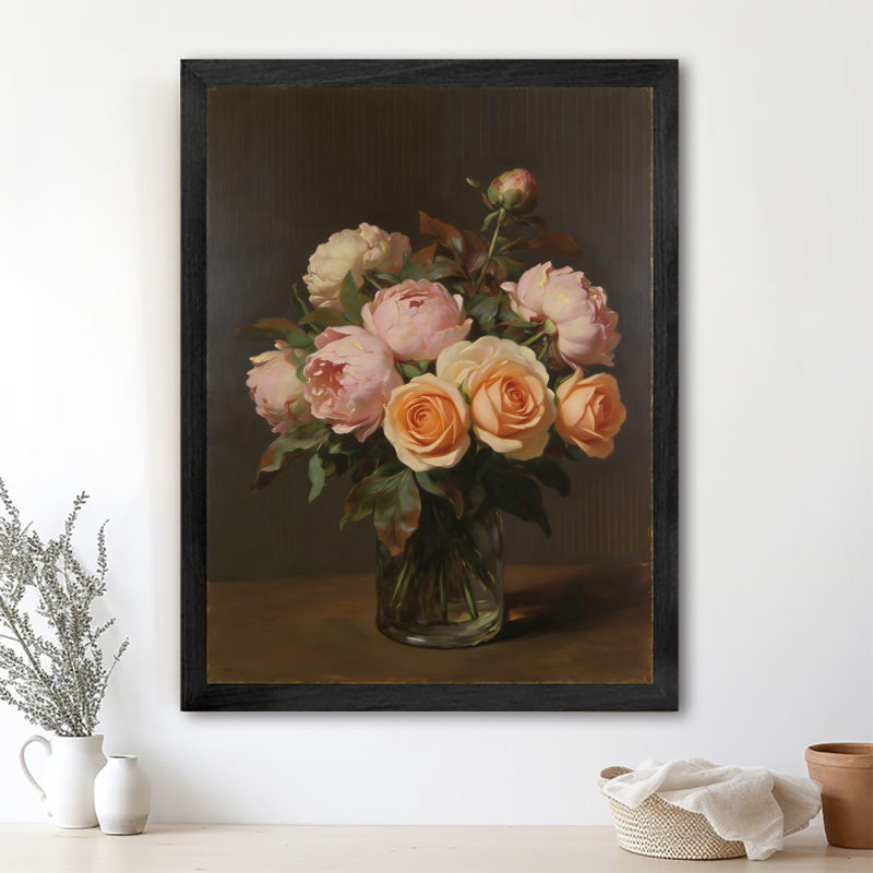 Reproduction d'art encadrée noire avec pivoines rétro, H 11 po x l 9 po