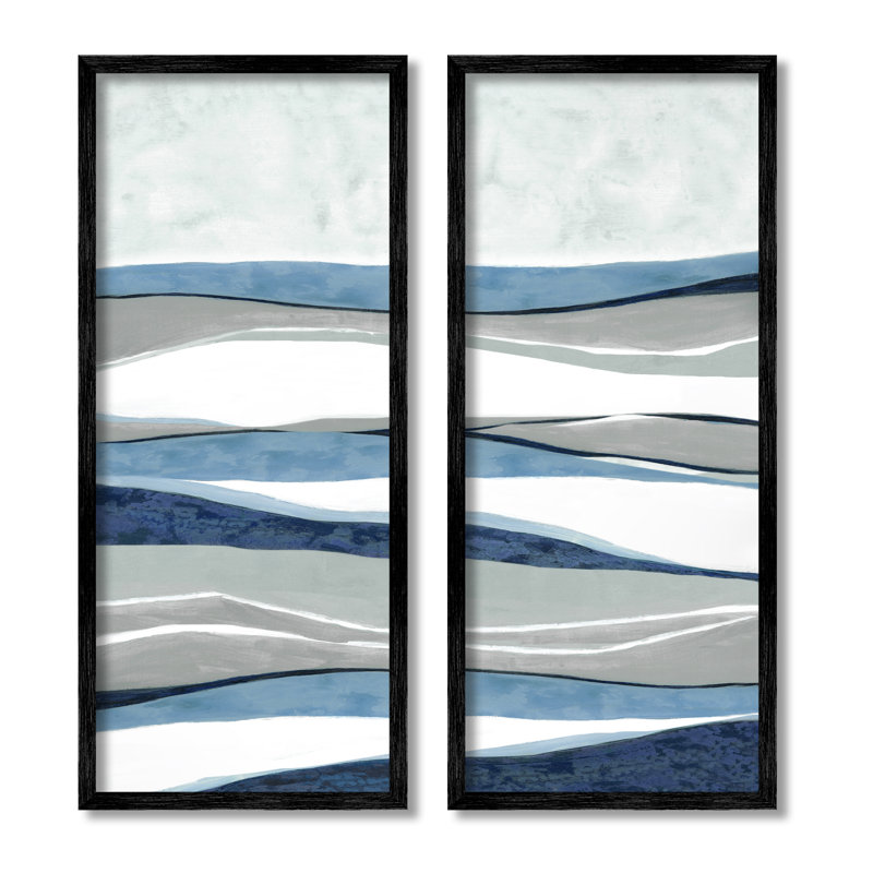 "Abstract Striped Landscape Flowing Waves" par Janet Tava - ensemble de 2 impressions sur toile, Giclée encadrée noir minuit