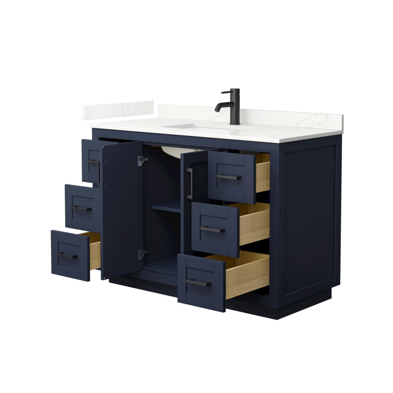Ensemble de meuble-lavabo simple autoportant 48 po avec plateau en quartz Miranda, Quartz Giotto, Bleu foncé, Noir mat