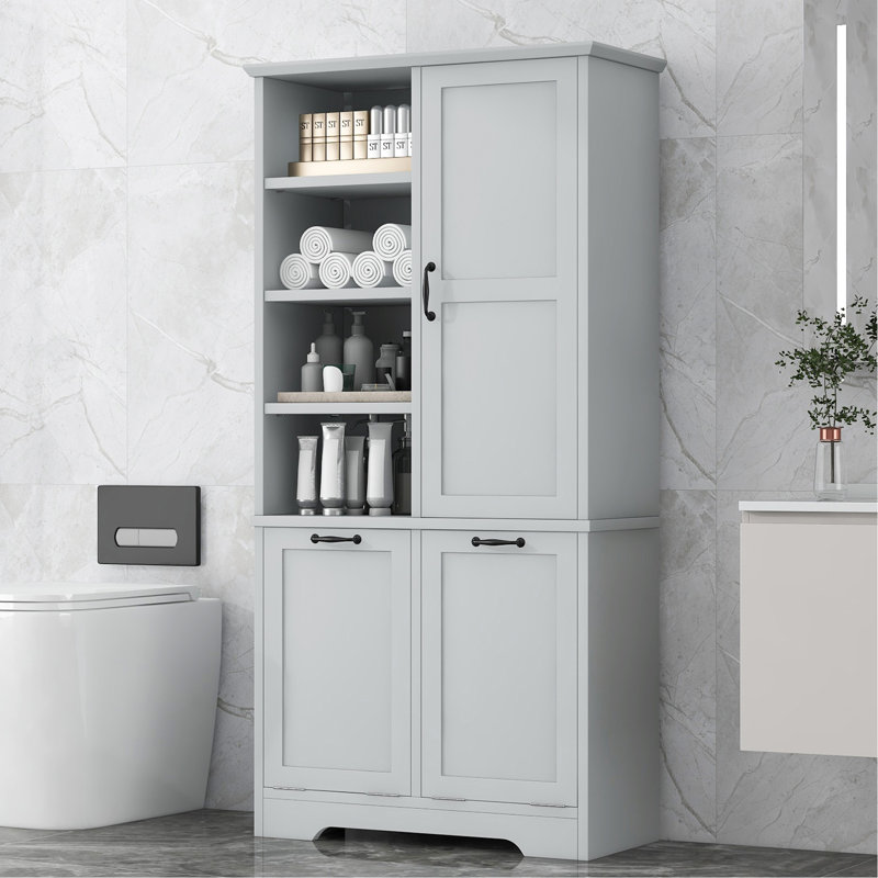 Bathroom Storage Cabinet With Doors And Drawers, Tilt-Out Laundry Hamper, Multiple Storage Space, Freestanding Style, Open Shelve, Adjustable Shelf, Gray