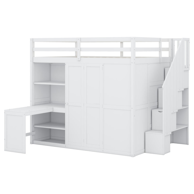 Lit mezzanine avec garde-robe, bureau et tablettes, Blanc
