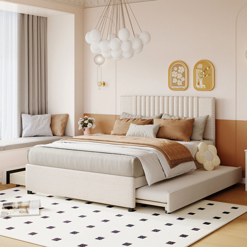Lit plateforme tapissier beige avec 2 tiroirs et un lit gigogne, tête de lit classique, matériau en contreplaqué robuste, options de rangement maximales, processus d'assemblage sans effort