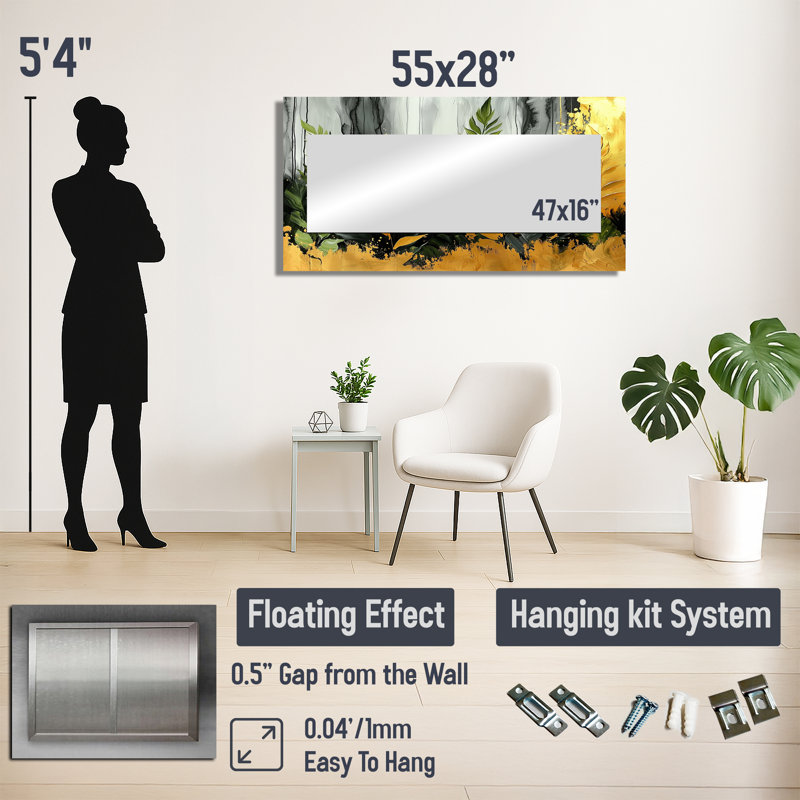 Minimalisme fougères or tropical symphonie I - miroir floral pour décoration murale - imprimé sur métal, 28 po x 55 po