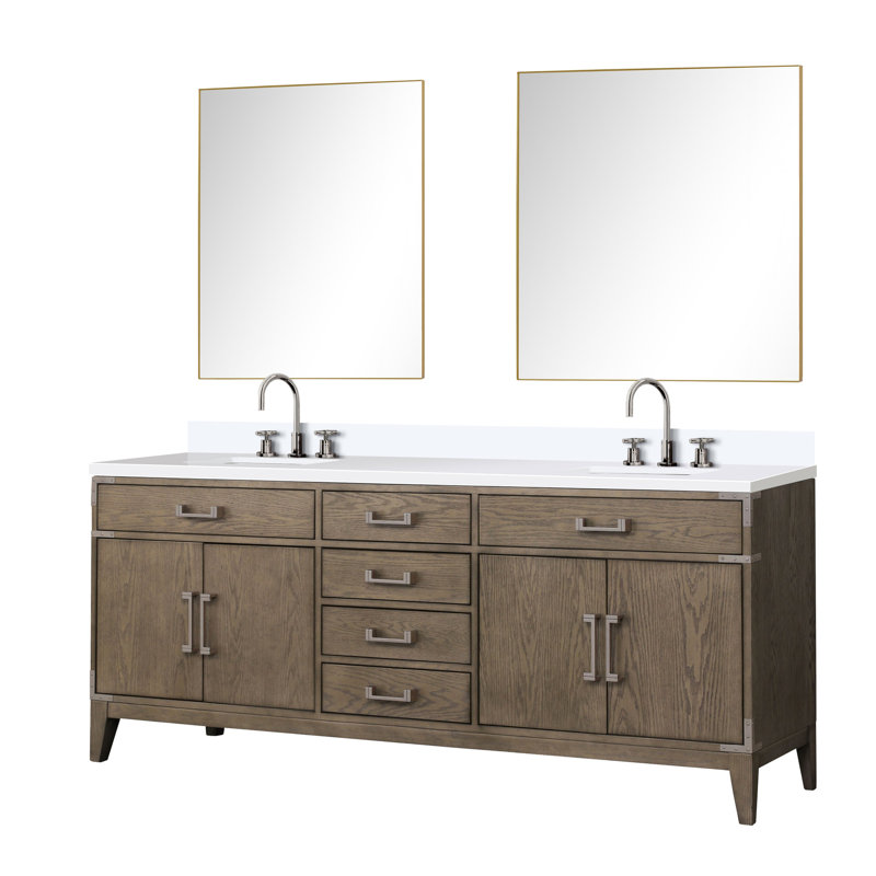 80 po Meuble-lavabo double large en chêne gris avec comptoir en quartz blanc, robinet inclus, 36 miroirs, garniture scellée et durable pour la durabilité