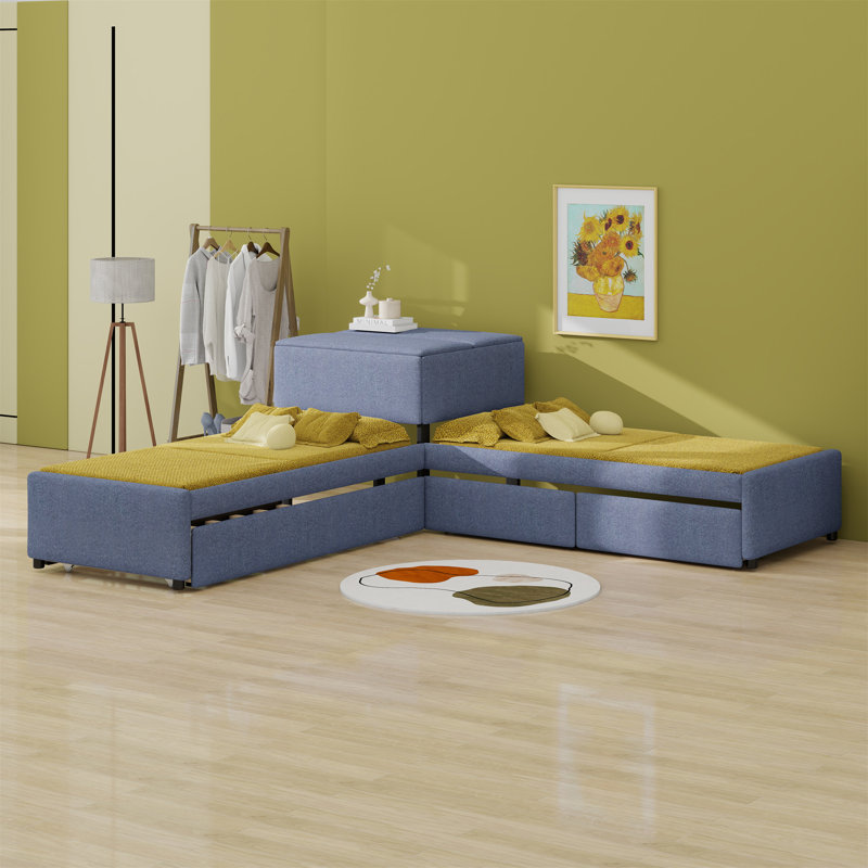 L-Shaped Upholstered Platform Bed With Trundle And Two Drawers Linked With Desk