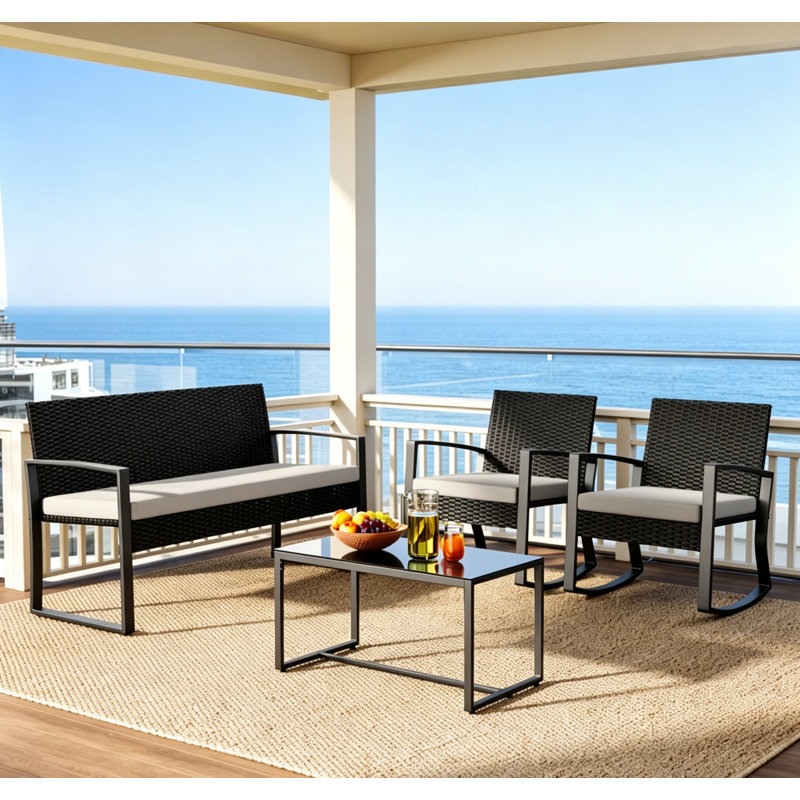 4-Person PE Rattan Rocking Patio Set – Durable Steel Frame & Padded Cushions, Gray, Black