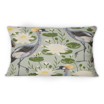Coussin Crane Bird And Water Lilys On Gray