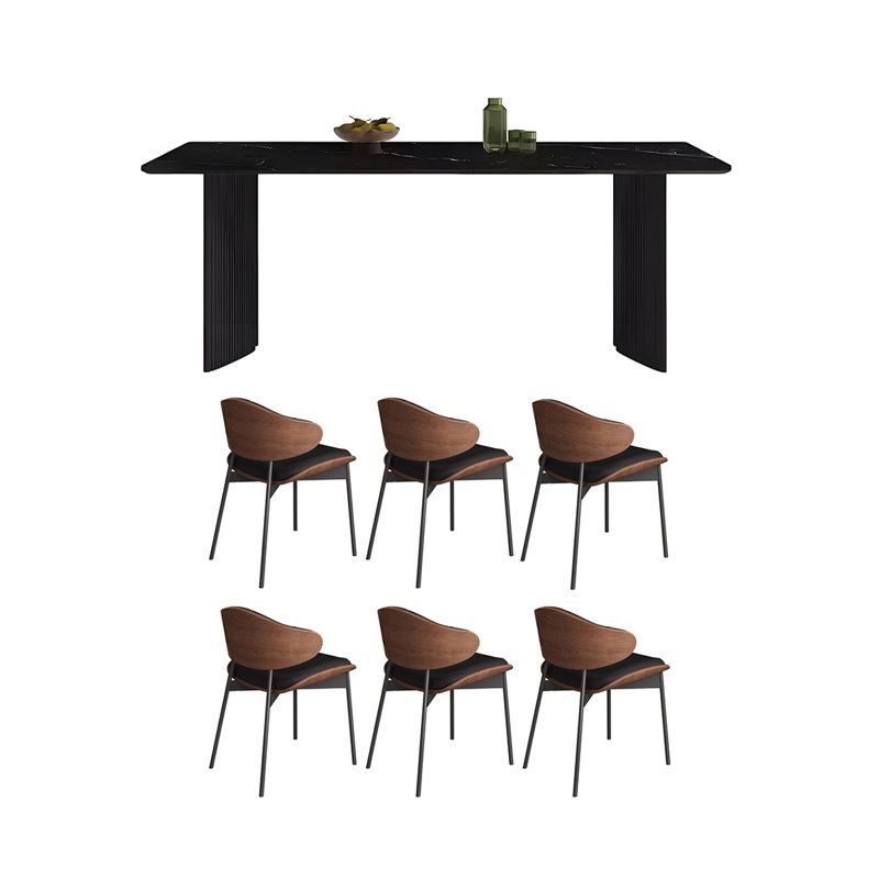 Home black rectangular rock dining table set, 29.52"H x 62.99"L x 31.49"W