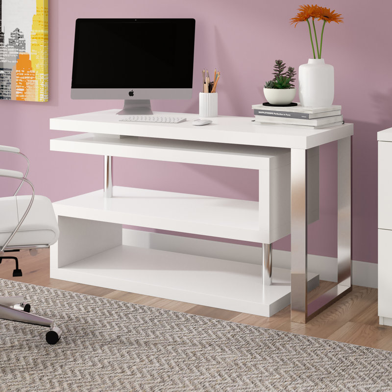 Pangea Home Santoni Fred Reversible Shape Desk – Swivel Desk – Convertible L-Shaped Writing Desk That Rotates Into a Wall Unit - Modern Writing Desk for Home Office, Study, or Workspace - High Gloss Lacquer Desk - White Modern Desk