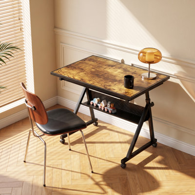 35.4" Adjustable Tilting Puzzle Table with 4 Drawers, Rolling Craft Desk with Storage Shelf, Rustic Brown & Black