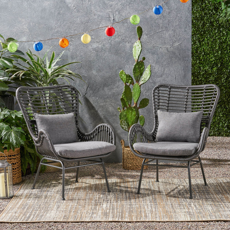 Chaise de patio en osier avec coussins Tapscott (ensemble de 2), chaise, Coussin gris / cadre noir