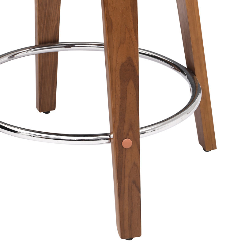 Tabouret de bar pivotant rembourré avec structure en bois, pieds en bois d'hévéa, Blanc / Brun