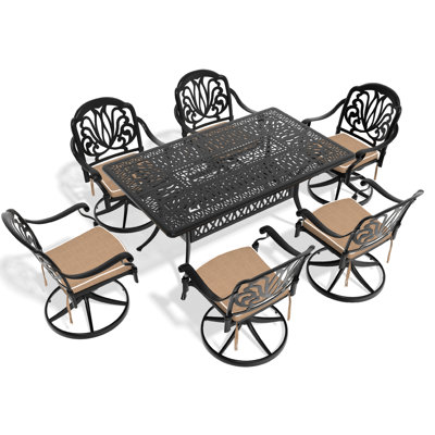 All-Weather 5 repas - 4 chaises pivotantes et table rectangulaire avec fonte d'aluminium noir et coussins d'extérieur