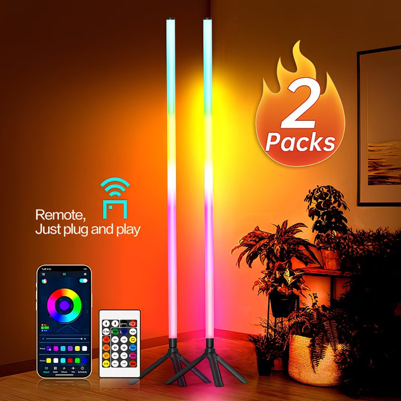 Daybetter Smart Rgbic Corner Floor Lamp Set Of 2 - 40" Tall Led Color Changing Mood Lighting With Music Sync, Remote & App Control, Battery Powered (black)