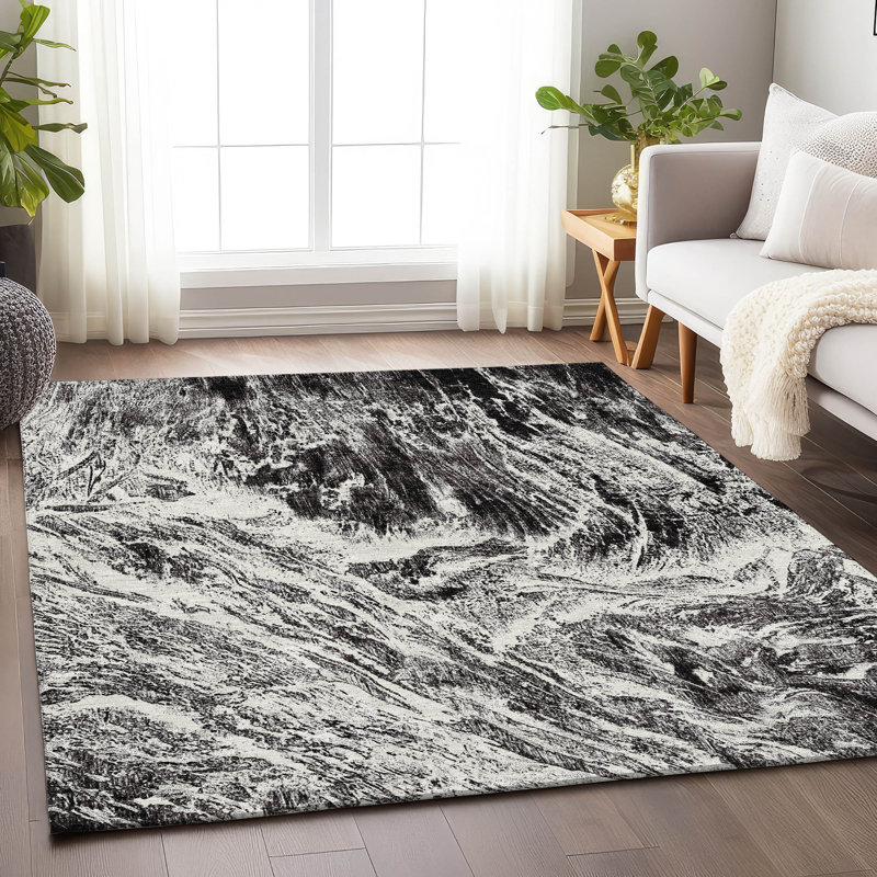 Premium Machine Washable Prisco Black Rug, Rectangle 10' x 14'
