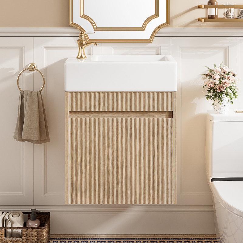 Meuble-lavabo flottant avec lavabo en résine et porte à pousser sans ouverture