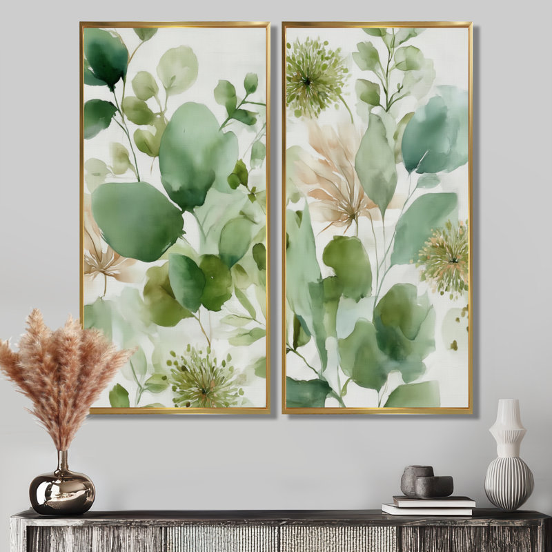 Watercolor Greenery Sage Watercolor - Plants Wall Art Decor, Green Botanical Canvas Print 2 Piece, 20" H x 24" W, Gold